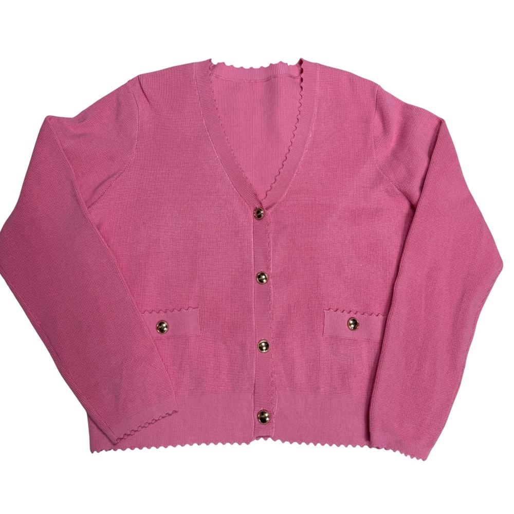 Adrianna Papell Women M/L Cardigan Pink Crop Scalloped Button Preppy Chic Knit - Picture 3 of 11